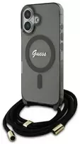 Guess GUHMP16SHCTSGNSK iPhone 16 6.1″ juodos spalvos kietas dėklas su dirželiu per petį Script MagSafe