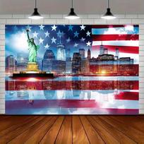 2D USA Patriotic Backdrop, NYC Skyline and US Flag Photography Banner 47.2x31.5inch/120*80cm