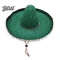 Bright Design Hat Mexican Sombrero with Colorful Poms Hawaiian Style Woven Straw Sun Hat Wide Brim Lightweight Party Costume for Summer Beach Travel