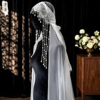 Vintage Lace Hooded Bridal Veil Long Pearl Tassel Fringe Short Tulle Wedding Veil For Bride Elopement Studio Photoshoot L