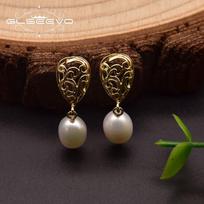 Glseevo Hollow Water Drop Pendant Natural Freshwater Pearl Earrings Women Fashion High Quality Earrings Jewelry