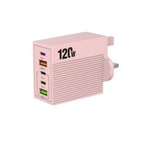 120W Multi-Port Fast Charger with US/EU/UK Plug - Compact Travel Device, Full Protocol Support 3PD+2U UK Pink 2-4A