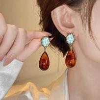 New Chinese blue stone amber water drop earrings women's retro niche medieval stud earrings light luxury temperament earrings
