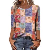 Women’s Casual Three Quarter Sleeve Floral Pattern Crew Neck Top Patchwork Print Loose Fit Comfortable Shirt Blouse S