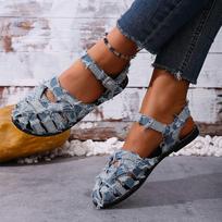 Womens Vintage Open Toe Distressed Frayed Edge Braided Strap Flat Sandals Adjustable Ankle Strap Casual Summer Footwear 36