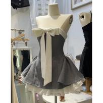 French contrasting color splicing bow tube top dress summer new temperament waist thin puffy short skirt children S