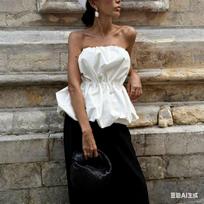 Women's Strapless Sleeveless Tube Top Slim Fit British Style Gathered Waist Bubble Peplum Top S
