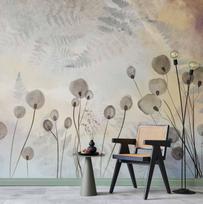 Wallpaper - Minimalist Meadow - Floral Motif in Light Shades with Reflections