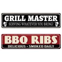 Grill Master BBQ Ribs Metal Signs Set Retro Home Wall Decor for Patio Grill Area Decor (as the picture,10*40cm)