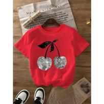 Women' S Clothing Silver Cherry Graphic Print T-Shirt Short Sleeve Crew Neck Casual Top for Spring S