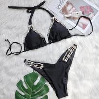 Bikini 2026: Solid Color Rhinestone Chain Lace-up Two-Piece Swimsuit for Women Large