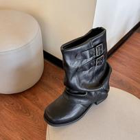 Pleated stacked pants tube boots women's new thick heel black short boots with skirt locomotive Martin boots 35