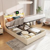 Aksominė apmušta lova 140 x 200 cm su LED galvūgaliu, USB įkrovimo prievadais, hidrauliniu daiktadėže ir grotelių rėmu, dvigulė lovos rėmas, smėlio spalvos, be čiužinio
