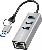 „LogiLink“ USB 3.2 Gen 1 šakotuvas – 3 x USB-A – 1 x RJ45 – sidabrinis