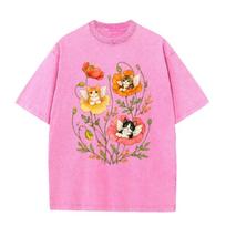 Vintage Washed Pink Angel Kittens In Poppy Flower Print Cute Cat Lover Casual T Shirt S
