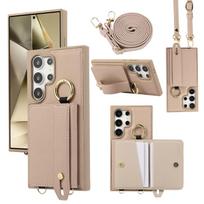 Lichee Pattern Wrist Strap Phone Holder Crossbody Case for Samsung S24 Plus S23 Ultra S22 PU Leather Card Slot Wallet Cover Capa Galaxy S22 smėlis