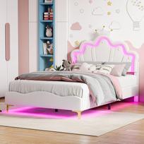 Dvigulė lova mergaitėms 140x190 cm su LED apšvietimu ir reguliuojamu galvūgaliu, paminkštinta vaikiška lova su debesies formos galvūgaliu, PU oda, balta
