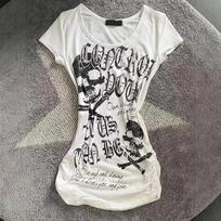 VAYLA Retro Hot Girl Vintage Punk Rock Short Sleeve Waist Cinched Skull Head Print American Style Top Women's T-shirt Crew Neck S
