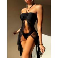 Women's Pink Halter Mesh 3 Piece Swimsuit with Skirt Cover Up S