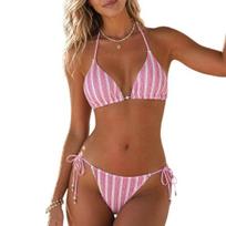 2Pcs/Set Bikini Set for Women Knitted Hollow Fabric Halter Bra with Chest Pad No Steel Support M