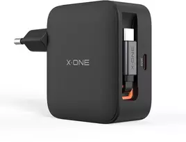 Travel charger X-ONE ChargeGo GaN 65W with retractable cable and USB C port - juodas