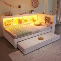 Dienos lova su ištraukiama, LED, USB, 90x200 cm, balta