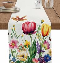 Spring Tulip Floral Linen Table Runner Holiday Wdding Party Decor Seasonal Summer Flowers Plant Table Runners Dining Table Decor 150x33cm