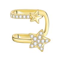 Vintage Elegant Two Star Paved CZ Crystal Drop Earrings Silver Plated Non Pierced Heart Shape Celestial Ladies Trendy Fine
