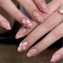 30pcs 3D Pink Floral Almond Wearable Nail Art Tips - Exquisite French Manicure Prepared Set (Three Pairs Full Rhinestones)