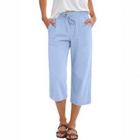 Capris Pants For Women Summer Casual Loose Drawstring Elastic High Waist Straight Beach Cropped Trousers XXL