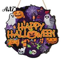 Sunproof Holiday Door Hanger Happy Halloween Wooden Sign for Household Front Porch, Cute Ghost Pumpkin Moisture-proof Hanging Ornament Printed Plaque, A