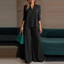 Women's V-Neck Long Sleeve Top and Wide Leg Pants 2-Piece Set - Casual Outfit L