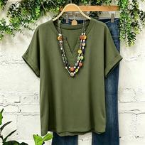 Women's Color V-Neck Short Sleeve Top, Cotton Linen Fabric, Casual Blouse for Summer, Soft and Breathable L