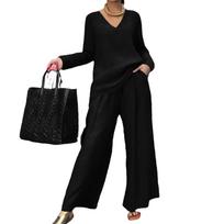 Women's Casual Two Piece Set V Neck Top and Wide Leg Pants Outfit L