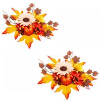 Artificial Pumpkin and Sunflower Fall Centerpiece - 2-Piece Thanksgiving Tabletop Decor with Maple Leaves Floral Arrangement for Home One Size