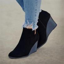 2024 Women's Retro Large Shoes Leopard High Heels Slope Heel Round-toe Short Boots Wedge Ankle Boot for Women 2024 Autumn Winter New 35 juoda