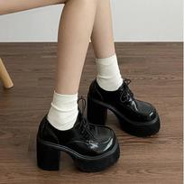 Woman Loafers Shoes 2024 Casual Chunky High Heels Pumps All-Match Roman Style Lace-Up Round Toe Autumn Black Mary Janes Shoes 34