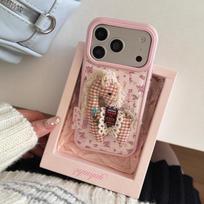 Korean Pink Edge Floral Horse Sticker Skin Case for iPhone 17 Pro Max/16/15/14 iPhone 16 Pro Max