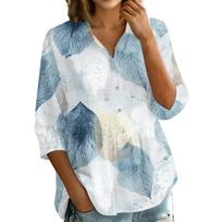 Women's Button Front Lapel Floral Print 3/4 Sleeve Loose Fit Blouse L