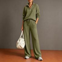 Women's Fashion Casual Half-Zip Hoodie and Wide Leg Pants 2-Piece Outfit, Tracksuit Set with Pockets, Soft Sweatsuit L