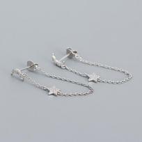 Fine Jewelry 925 Sterling Silver Tassel Chain Stud Earrings 18K Gold Plated Moon and Star hang Chain Earrings for Women