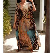 Moteriška Boho Cover Up, didesnio dydžio kontrastinga laisvai priglundanti „Vacay Beach Kaftan“ suknelė One Size