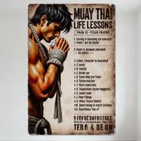 Vintage Muay Thai Life Lessons Metal Tin Sign, Pain Is Your Friend Motivational Wall Art for Gym Home Decor, Traditional Thai Bo 20x30cm（7.8x11.8inch）