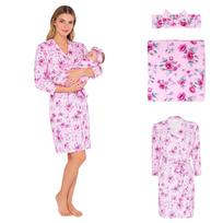 1 Piece Maternity Labor Gown Set Long Sleeve Belted Robe for Mom Infant Swaddle Wrap and Baby Bow Headband for Hospital Stay S rožinė