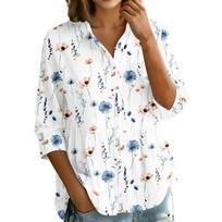 Women's Vintage Floral Print Button Down Blouse, 3/4 Sleeve Relaxed Fit Shirt L