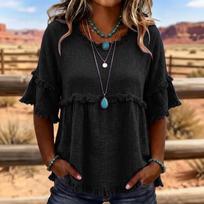 Women's Vintage Round Neck Short Sleeve Top Blouse L
