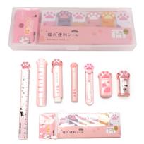 Cute Cat Paw Stationery Pencil Retractable Correction Sticky Mini Utility Cutter School Supplies 9-Piece Set Sharpener, Eraser, Tape, Notes, Ruler,