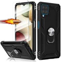 Hard Case for Samsung Galaxy A12 - PROSHOP - With Tempered Glass - Ring Stand - Reinforced Edge - Black