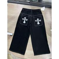 RogueWave Fashion Hip Hop Baggy Jeans Y2K Gothic Embroidery Punk Straight Wide-leg Denim Pants M juoda