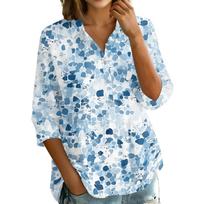 Women's Vintage Floral Print Button Down Blouse - 3/4 Sleeve Relaxed Fit Shirt with Collar, Casual Summer Top for and Daily Wear L